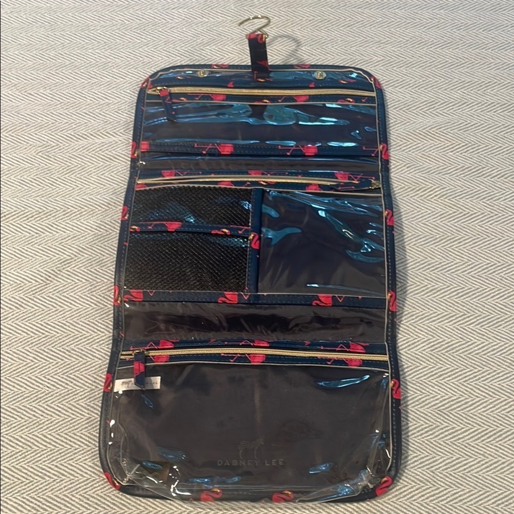 Dabney Lee Navy and Pink Flamingos Hanging Travel case. New Without Tags. - Picture 2 of 9